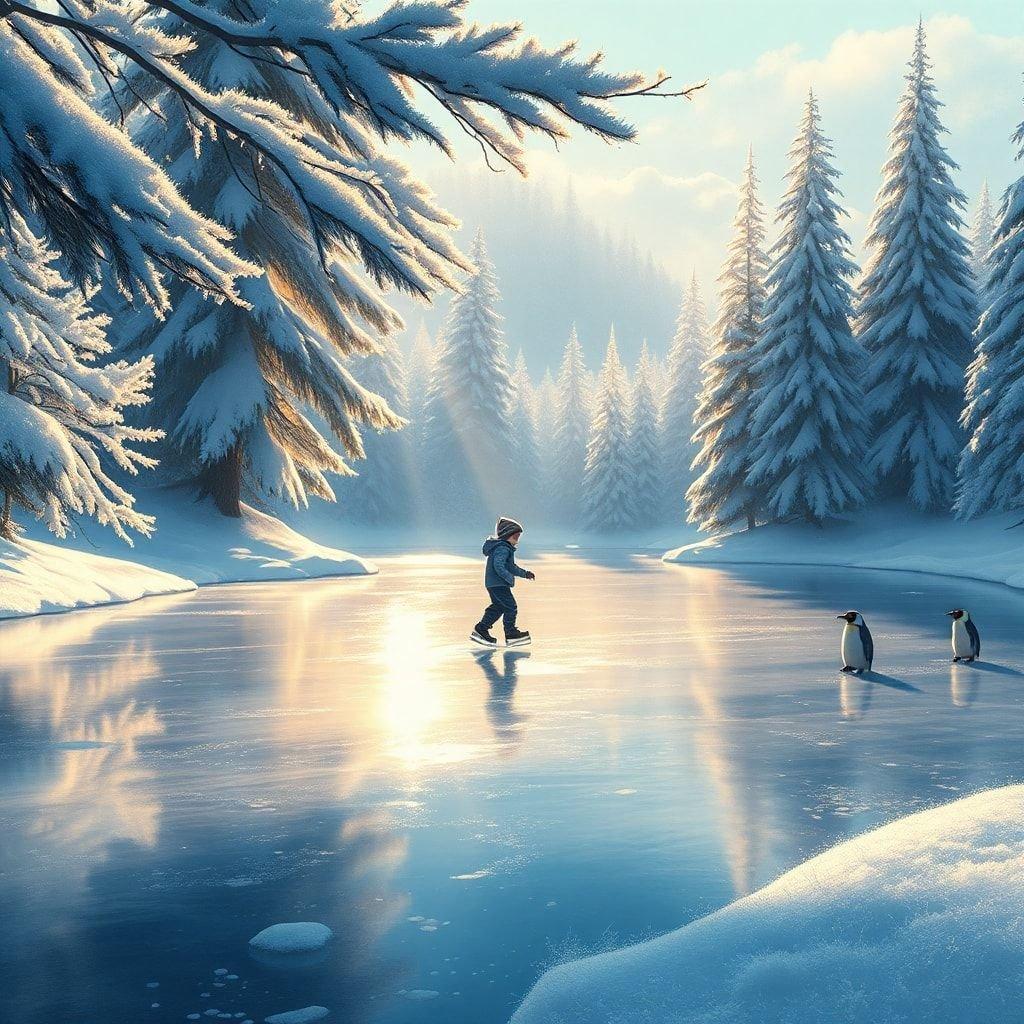 A festive winter scene with a snowman skating across a frozen lake surrounded by snow-covered trees. Penguins are playing in the snow on the shore, adding to the charm of this serene and picturesque setting.