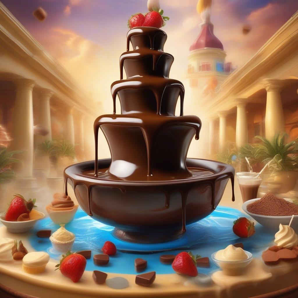 A cascading chocolate fountain, overflowing with rich chocolate goodness and topped with fresh strawberries, set against the backdrop of a grand castle.