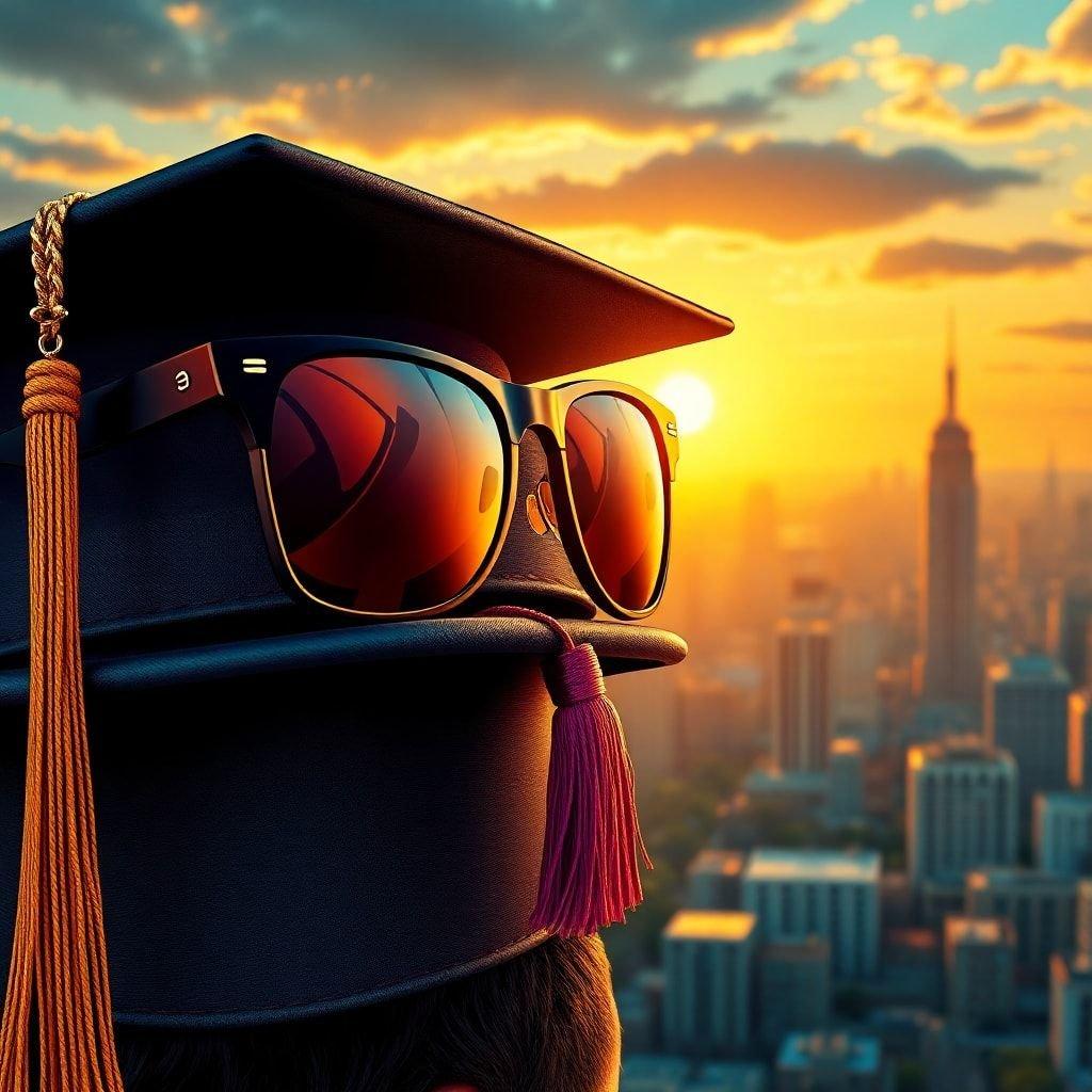 A graduate takes in the view over a bustling city skyline, symbolizing both achievement and the next step on their journey.