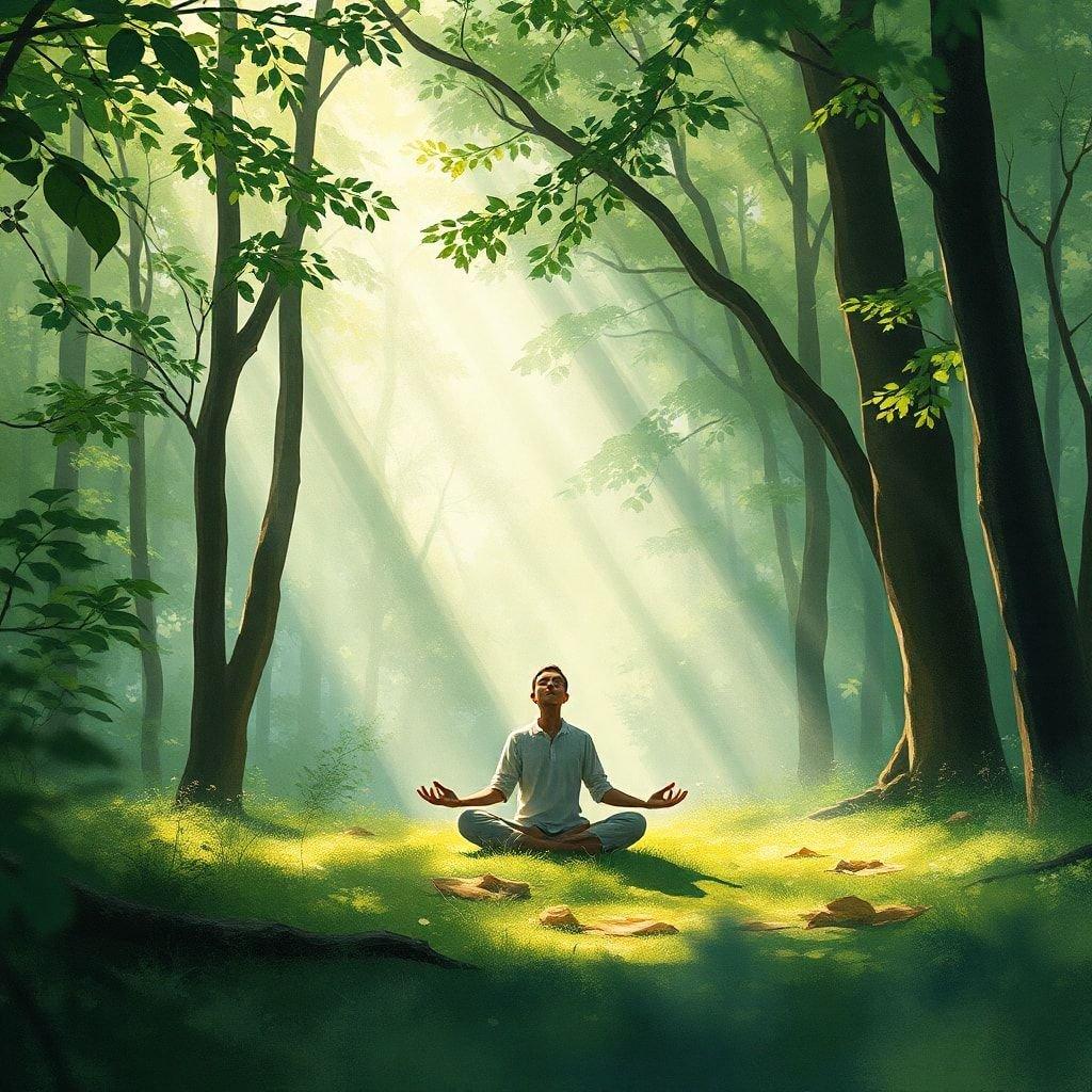 A peaceful image depicting a tranquil scene in nature, with a person engaging in meditation amidst the serene forest setting.