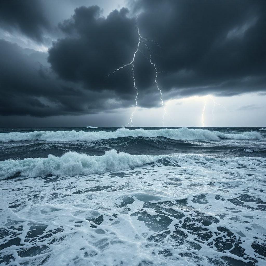 The vast ocean at night during a dramatic storm, with waves crashing against the shore under the light of bolts of electricity in a deep blue sky. This image captures the raw power of nature as it can be both breathtakingly beautiful and awe-inspiring.