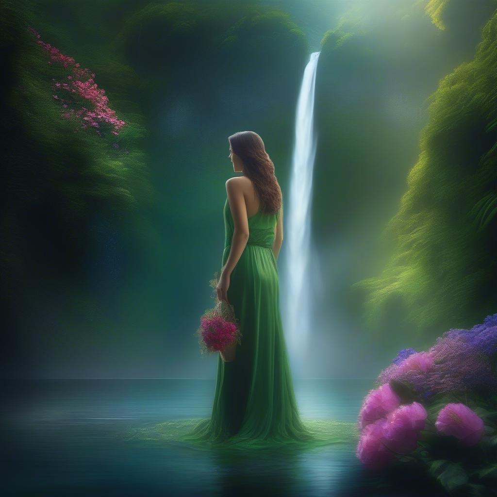 A mystical scene of a woman standing by a waterfall, surrounded by vibrant flora and radiating tranquility. Perfect for the special day dedicated to our cherished mothers.