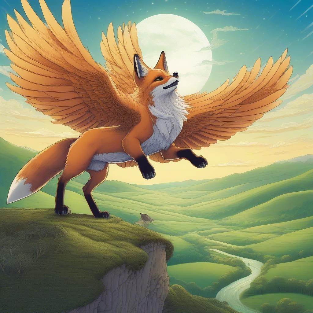 A captivating fantasy scene featuring a fox spirit riding atop an eagle, its wings wide open against the backdrop of a vibrant landscape. The fox's intense gaze engages the viewer, set in a magical world where spirits and creatures coexist.