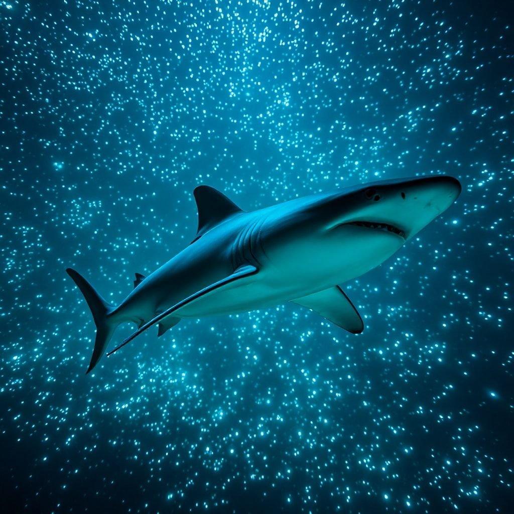 This stunning wallpaper features a majestic shark swimming in the deep blue sea, creating a breathtaking scene that's perfect for desktop and mobile use.