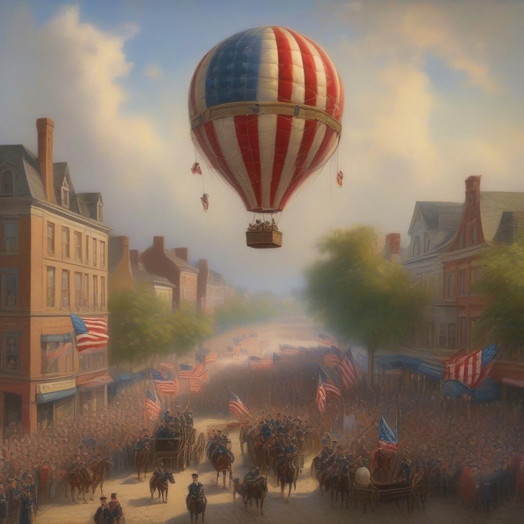 Celebrate freedom and patriotism with this stunning Independence Day wallpaper, featuring a hot air balloon soaring high above a vibrant parade.