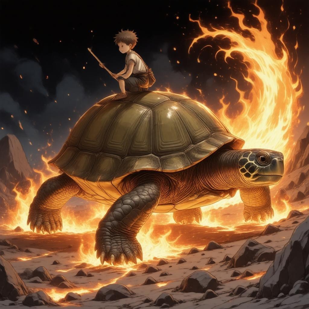 Embark on a thrilling journey with a young boy riding on the back of a giant turtle, navigating through a sea of lava with its fiery orange and yellow shell leading the way.