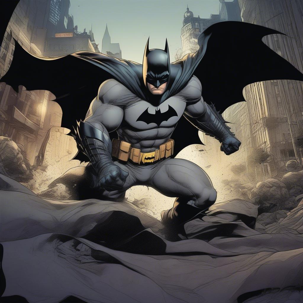 En dynamisk illustration af Batman, den ikoniske tegneseriefigur fra DC Comics. Dette billede fanger essensen af Batmans legendariske status i tegneseriens og underholdningens verden. Kunstværket er inspireret af 'Den Mørke Ridder Stiger', den episke afslutning på Christopher Nolans banebrydende trilogi.