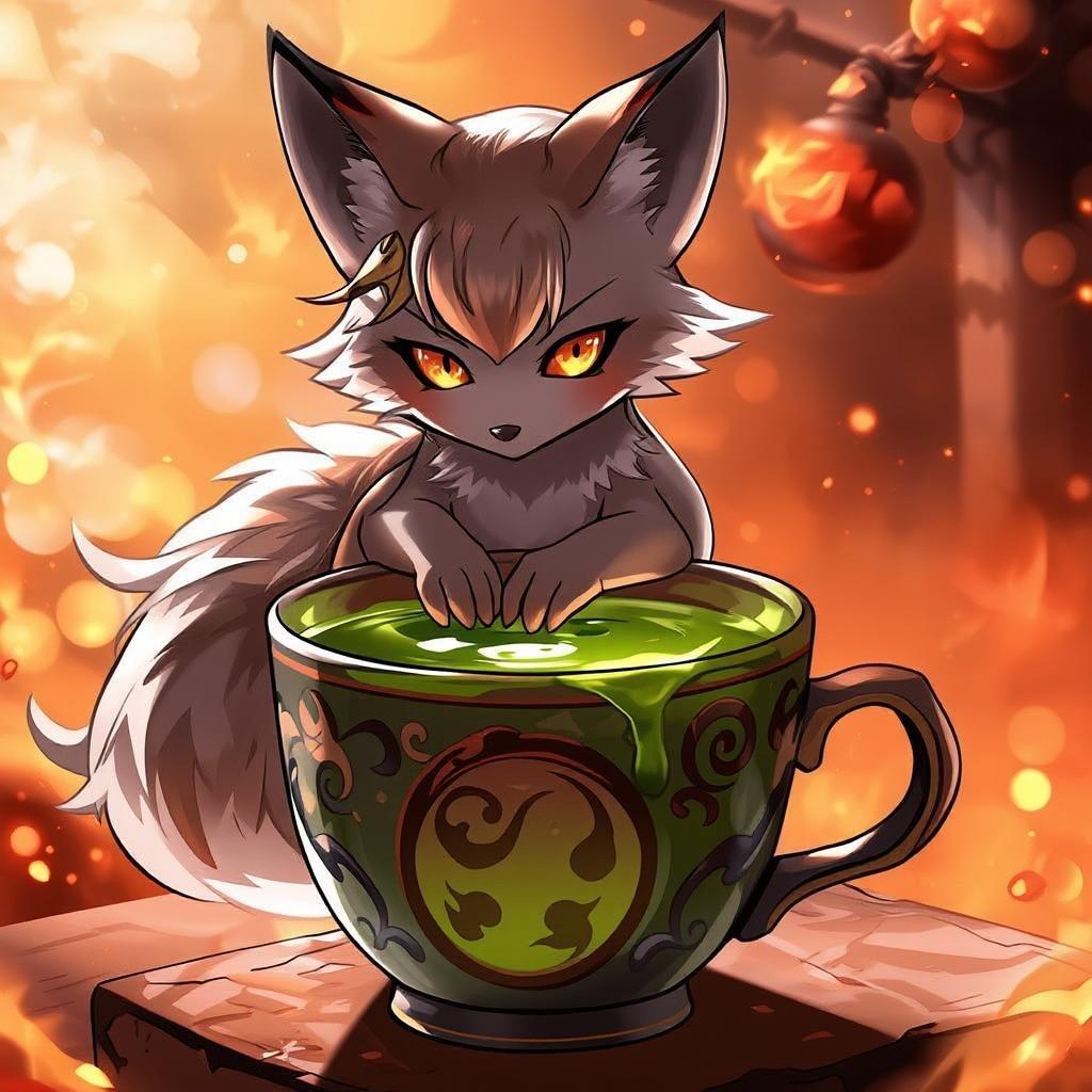 This enchanting anime illustration features a magical fox spirit perched on top of a matcha cup, set against a warm and glowing background that adds to the mystical atmosphere.