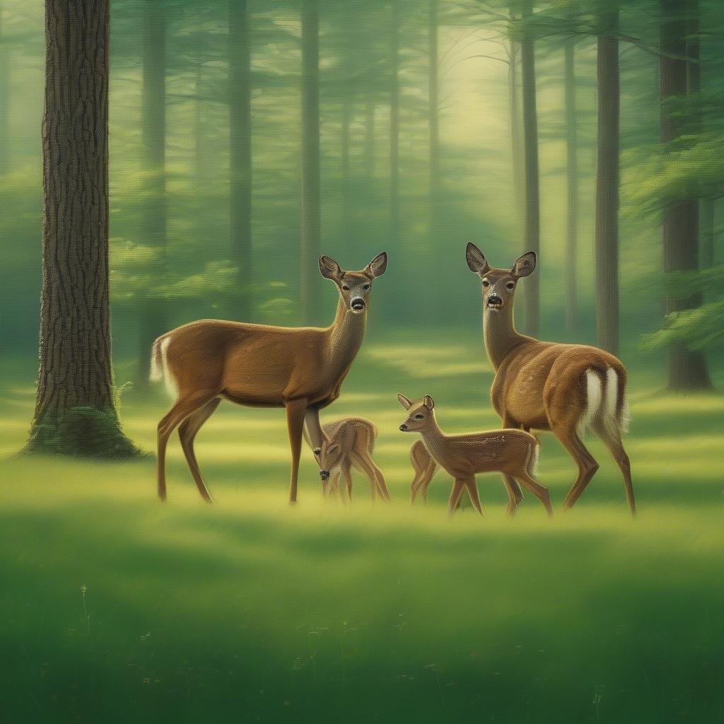 This serene wallpaper features a family of whitetail deer in their natural habitat, surrounded by lush greenery and vibrant foliage. The image captures the beauty and tranquility of the forest, making it a perfect addition to any desktop or mobile device.