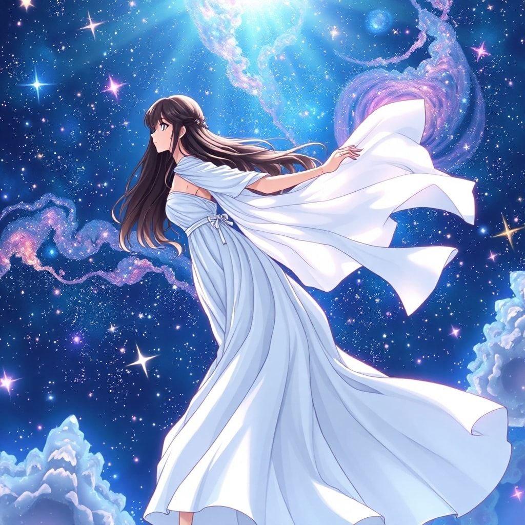 A stunning anime illustration featuring a woman in a flowing white dress, weaving through a cosmic realm, with a deep blue background and a kaleidoscope of stars and galaxies.