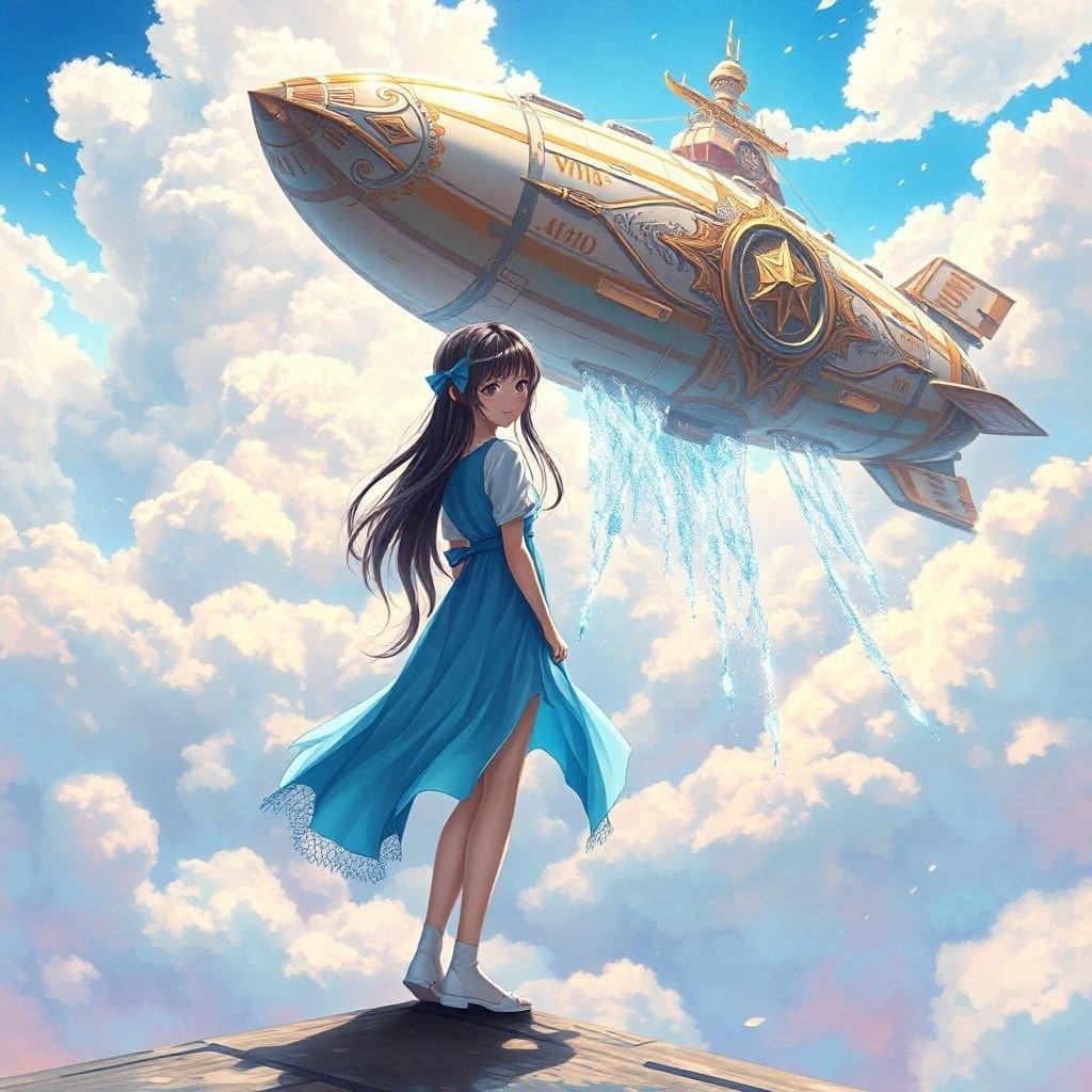 Embark on a captivating journey through a world of anime fantasy with this stunning airship wallpaper. The young girl's serene presence and the airship's intricate design create a sense of wonder, while the sparkling water droplets add a touch of magic to the scene.