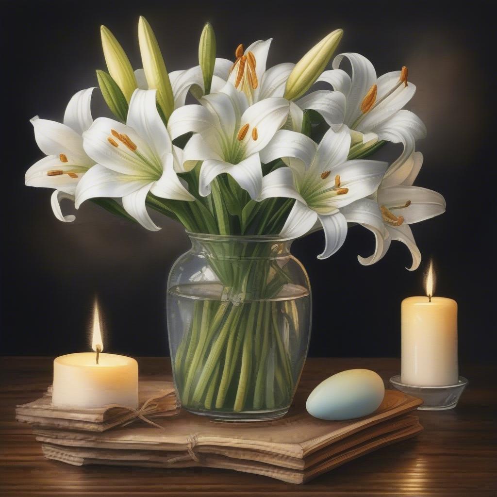 A beautiful arrangement of white lilies in a clear glass vase, placed on a stack of books, creating a sense of serenity and peace.