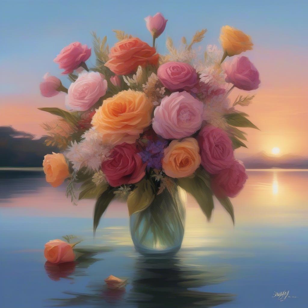 This serene image captures a tranquil moment with a vase full of blooming flowers placed near the water's edge, evoking feelings of peace and relaxation. The colors of the flowers are soft pastel tones that complement the gentle glow of the sunset.