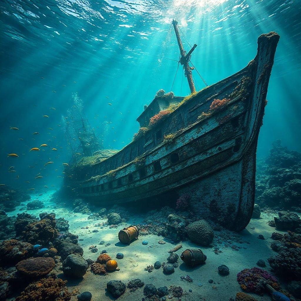 Una exploración de profundidades marinas inquietantemente hermosa con este naufragio iluminado por el sol que evoca historias de barcos fantasmas de antaño.