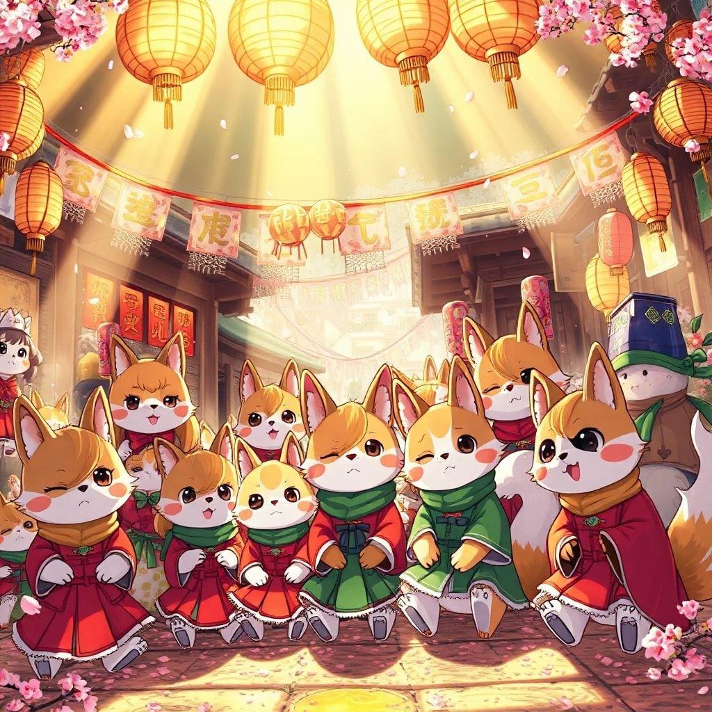 Join the celebration at this vibrant festival in a traditional Japanese village, featuring cute anthropomorphic animals adorned in festive red and green attire.