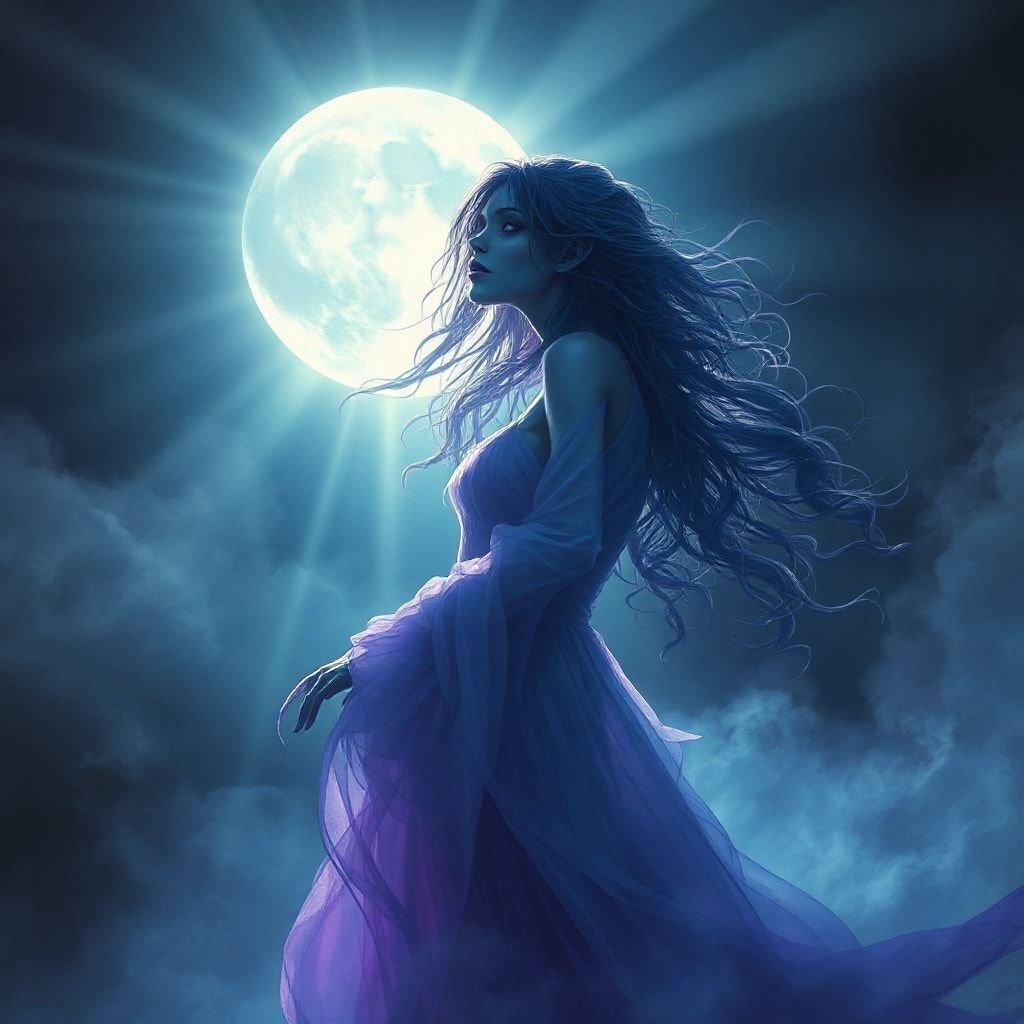 A mystical, fantastical creature stands silhouetted against the full moon, her ethereal beauty evoking a sense of wonder and magic.