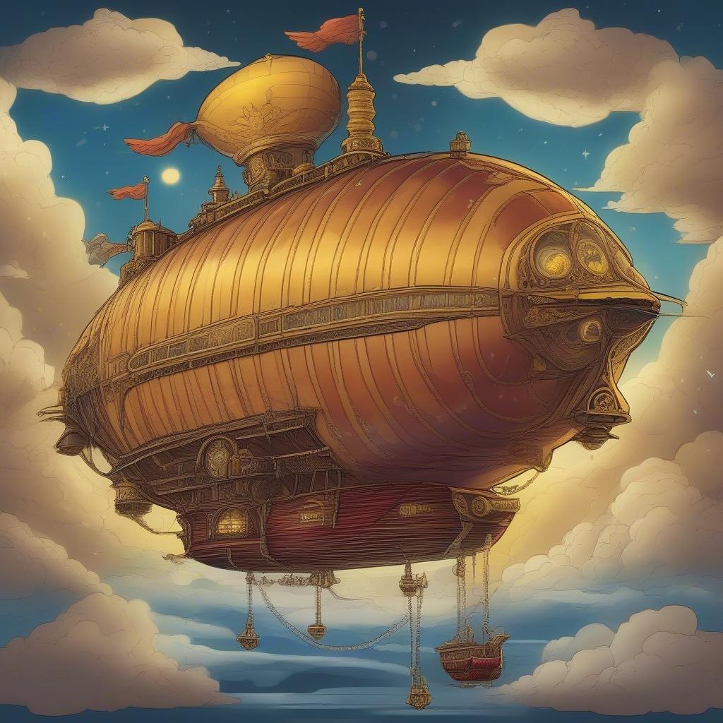 Bu steampunk esinli hava gemisi fırtınalı bir gökyüzünün altında uçarak anime'nin maceracı ruhunu somutlaştırıyor. Geminin altın tonları mavi gövdesi ve kahverengi kuyruğuyla tezat oluşturuyor ve bulutların arasından geçen büyük bir kırmızı boynuzla taçlandırılıyor. Üstteki küçük kırmızı yıldız, karanlık gökyüzü arka planında parlıyor, alttan aydınlatılıyor.