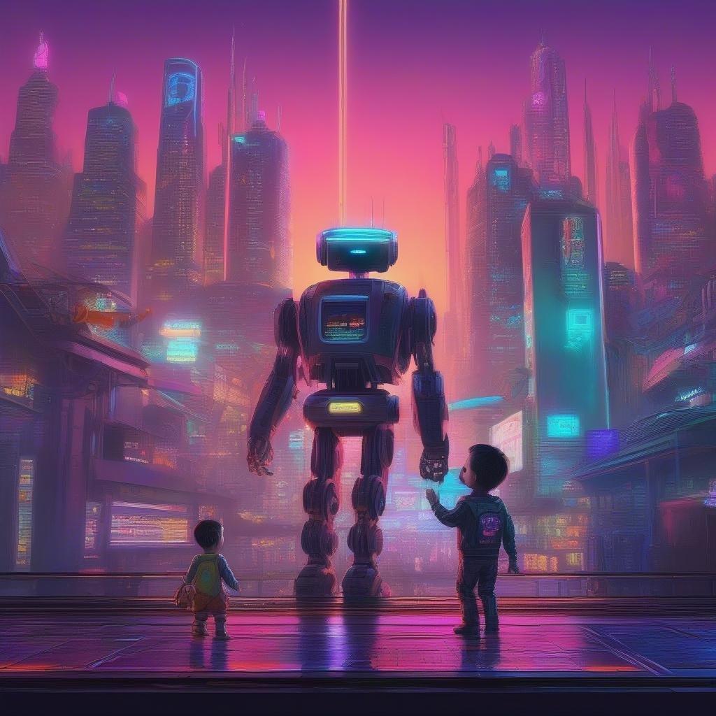 Celebra el Día del Padre con este hermoso fondo de pantalla que presenta a un robot y un niño. La imagen captura el vínculo especial entre un padre y su hijo, lo que lo convierte en una manera perfecta de honrar y apreciar a los papás en nuestras vidas.