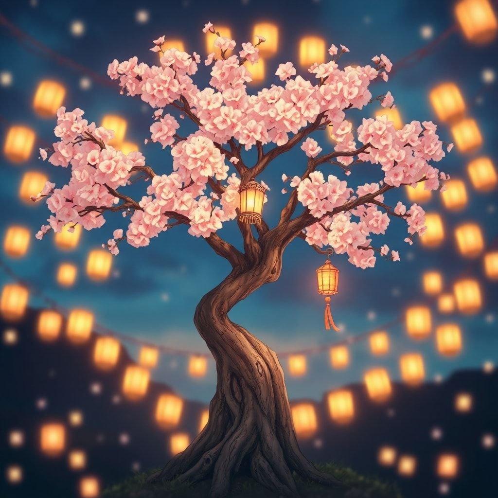 This stunning anime-style wallpaper features a delicate cherry blossom tree with a wooden branch and a small lantern hanging from it. The central focus is a small, fluffy tree with pink blossoms, surrounded by a circular frame of lanterns, creating an anime-like image. The background is a blurry, dark blue, with a few scattered lanterns adding depth. The scene is awash in warm light, with the lanterns' strings adding a whimsical touch.