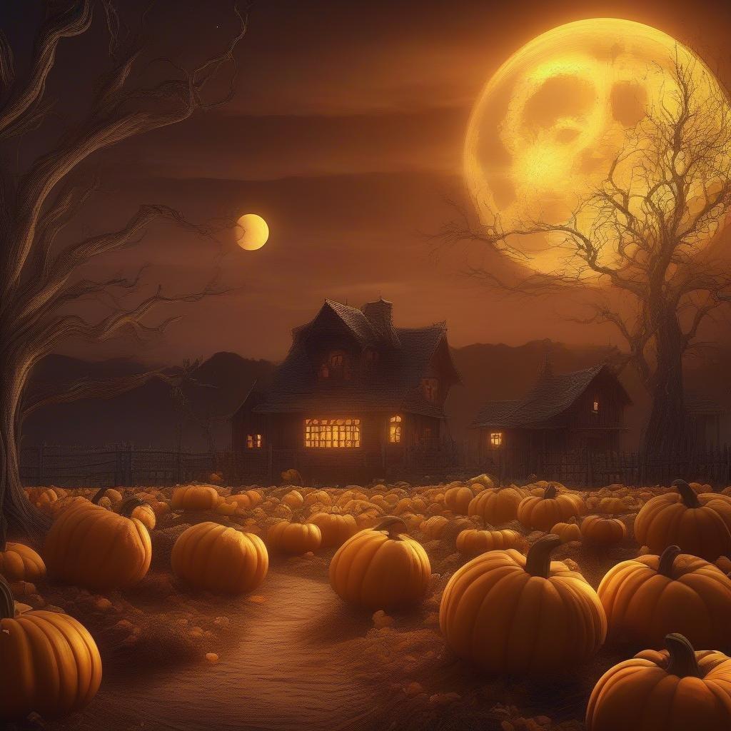 Una serena notte di Halloween con lanterne illuminate, una luna piena che sorge e zucche sparse nel campo sotto un cielo inquietantemente bello.