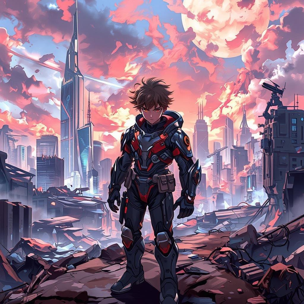 This anime-style illustration of a futuristic cityscape features a young survivor in a high-tech suit standing on a desolate path, surrounded by towering skyscrapers and destroyed buildings. The vibrant colors and intricate details create an awe-inspiring scene.