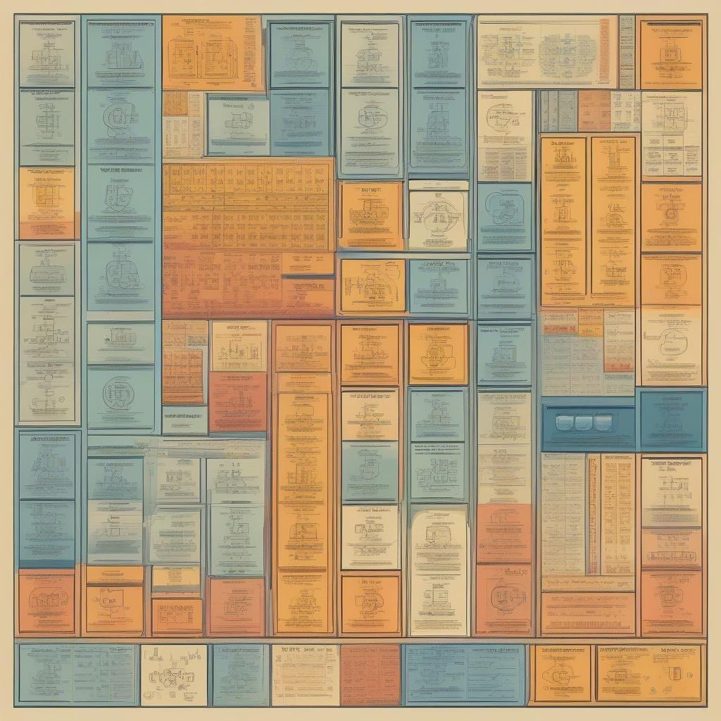 A harmonious blend of scientific diagrams and documents, presenting an abstract grid that combines the precision of text with the creative chaos of science.