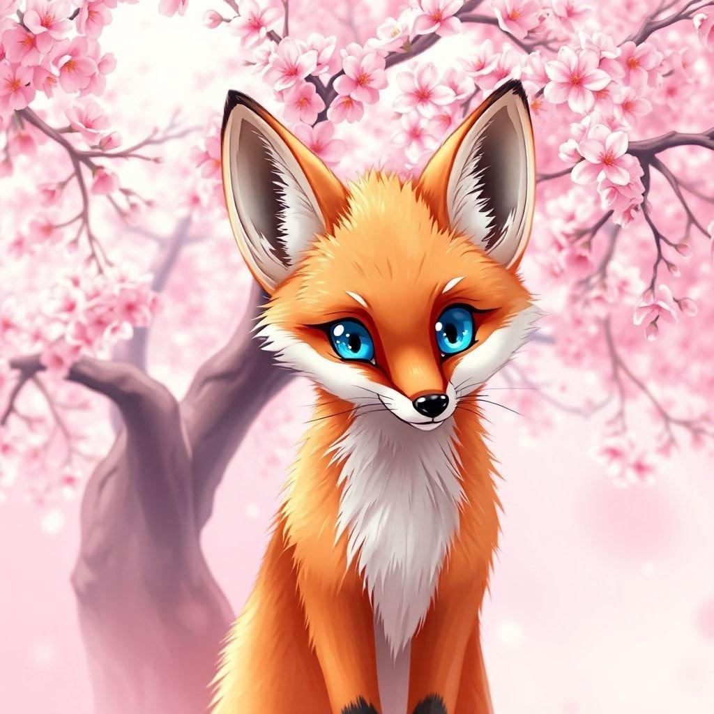 A stunning anime-style illustration of a fox standing before a beautiful pink blossom tree, creating a serene and enchanting scene.