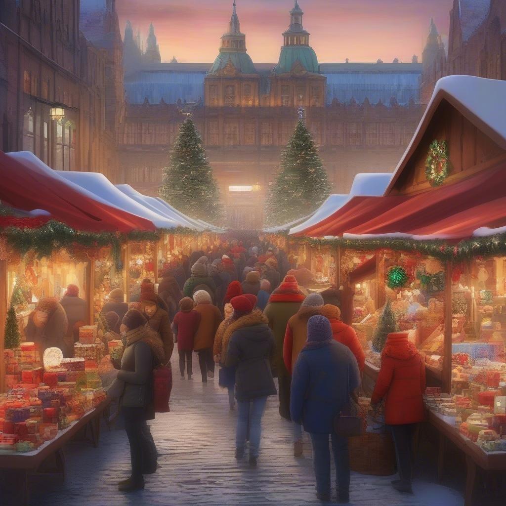 This festive scene captures the charm of a European Christmas market, filled with people enjoying the evening ambiance. Booths are adorned with twinkling lights and garlands, creating a warm atmosphere for holiday shopping.