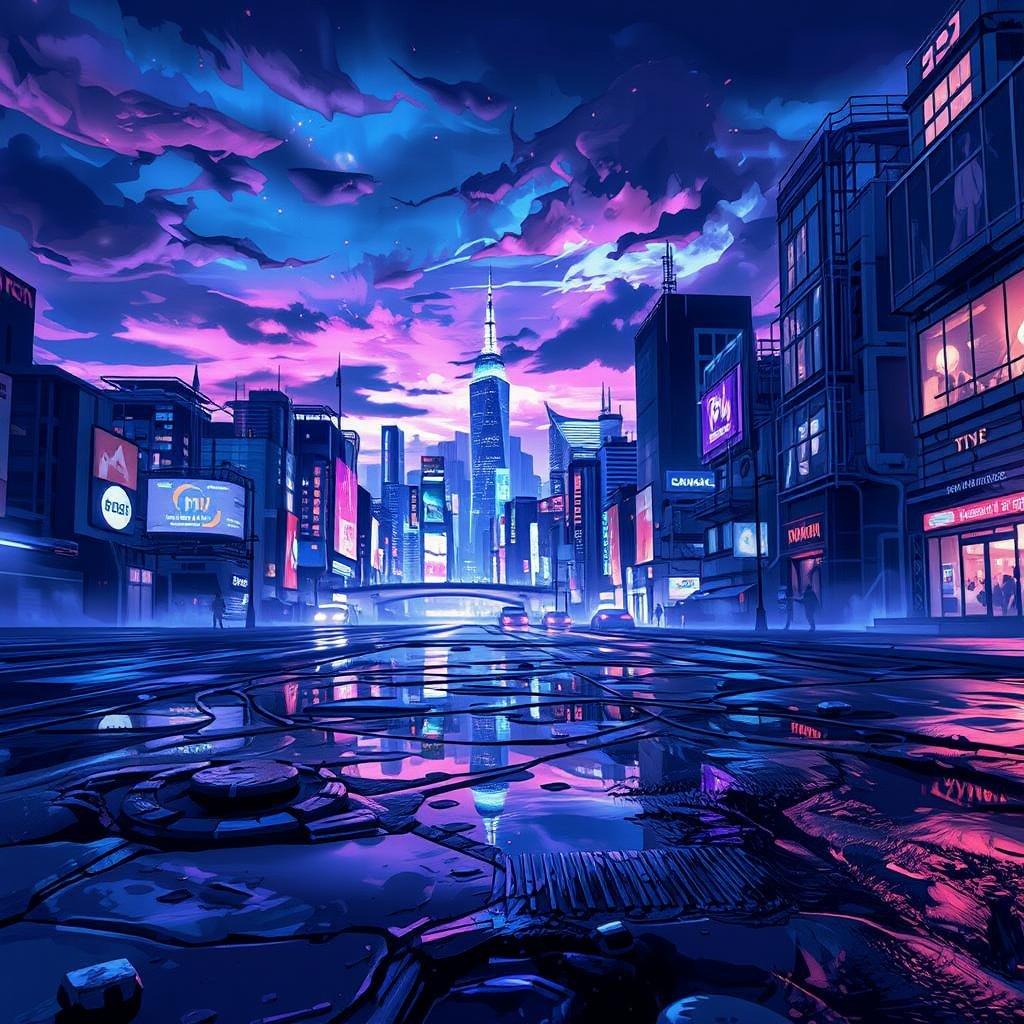 Immerse yourself in the vibrant world of anime with this stunning cityscape wallpaper, featuring a futuristic metropolis at dusk with a wet pavement reflecting neon lights and a distant skyline of tall buildings.