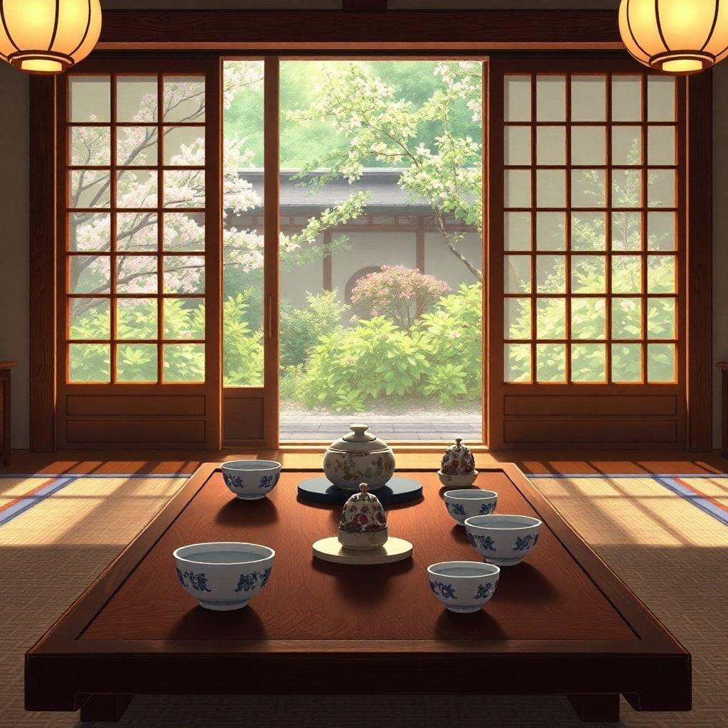 A serene anime illustration of a traditional Japanese tea ceremony taking place in the heart of a cozy home. The tranquil setting is adorned with intricate porcelain, ornate decorations, and a wooden table filled with various teacups, each hinting at the refined art of tea preparation.