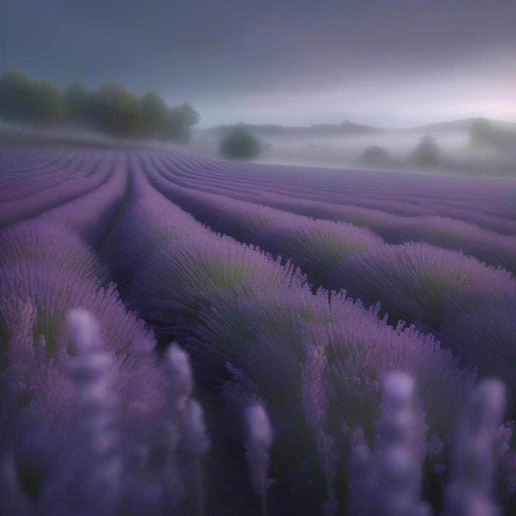 A tranquil scene of purple fields at sunrise, embodying the beauty of nature and the charm of the countryside.