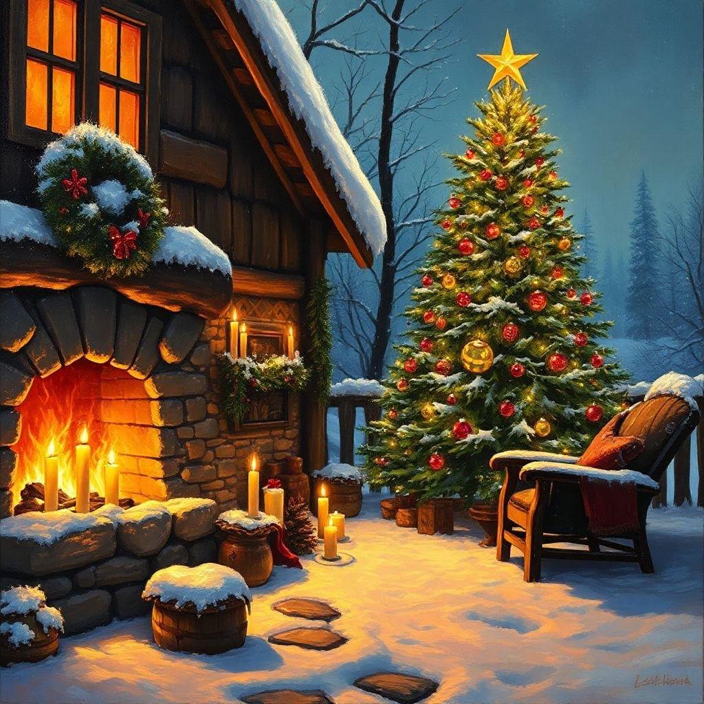 A cozy cabin bathed in the soft glow of Christmas lights, with a festive tree standing tall against a winter backdrop.