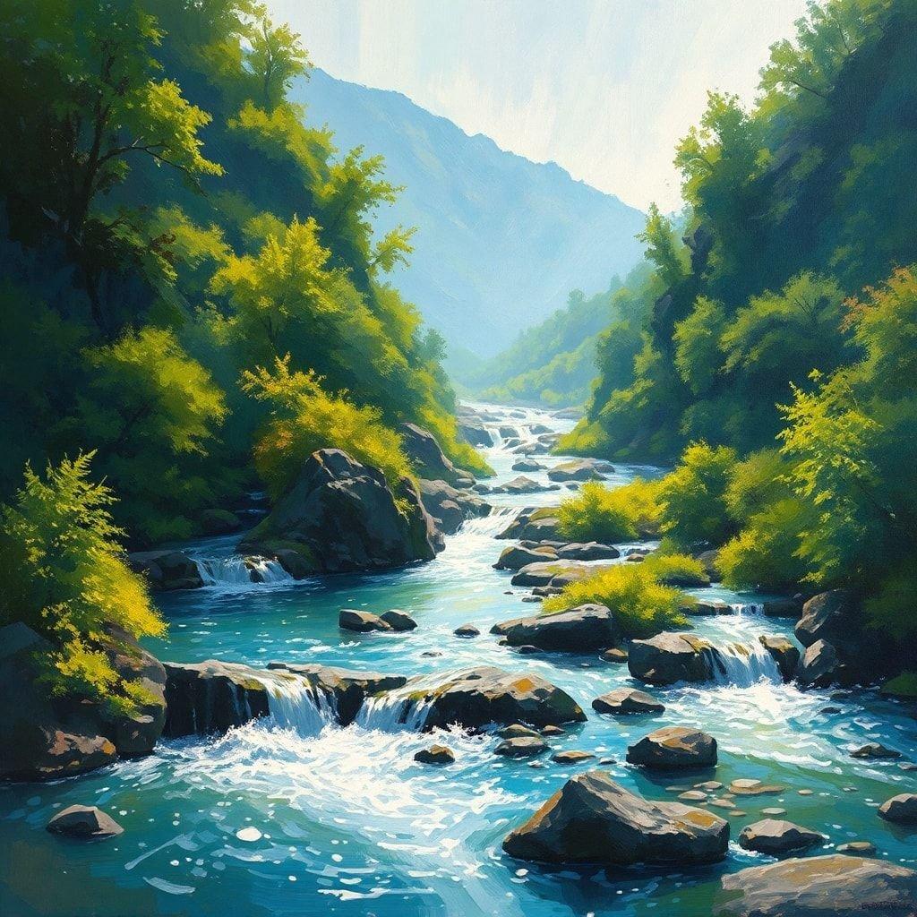 This serene wallpaper captures the beauty of a river flowing through a lush green landscape, perfect for desktop and mobile use.