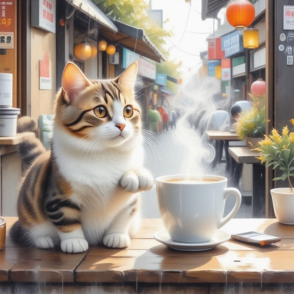 Immerse yourself in the vibrant world of anime with this captivating wallpaper featuring a cat and steaming coffee cup in a cozy Tokyo cafe.