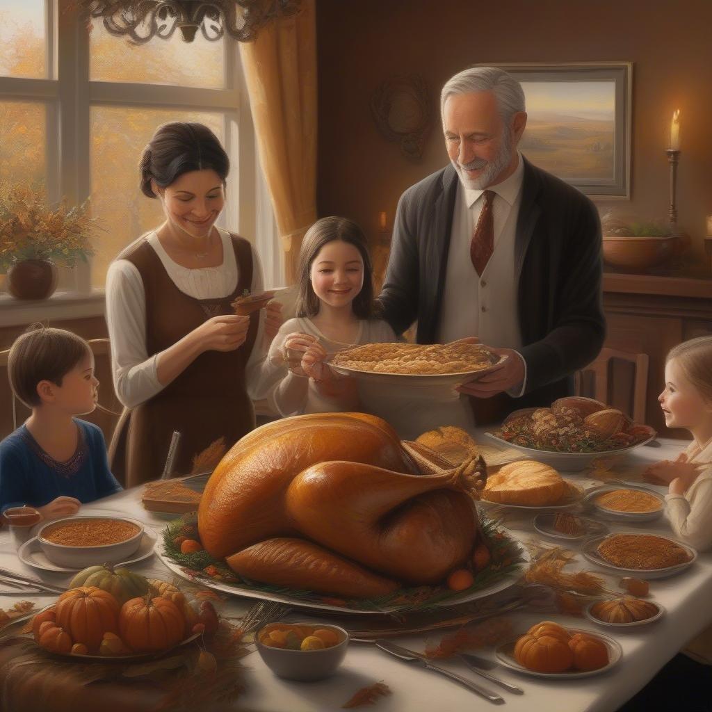 In this heartwarming scene, a family enjoys a traditional Thanksgiving dinner together. The table is filled with delicious food and the atmosphere is one of joy and gratitude.