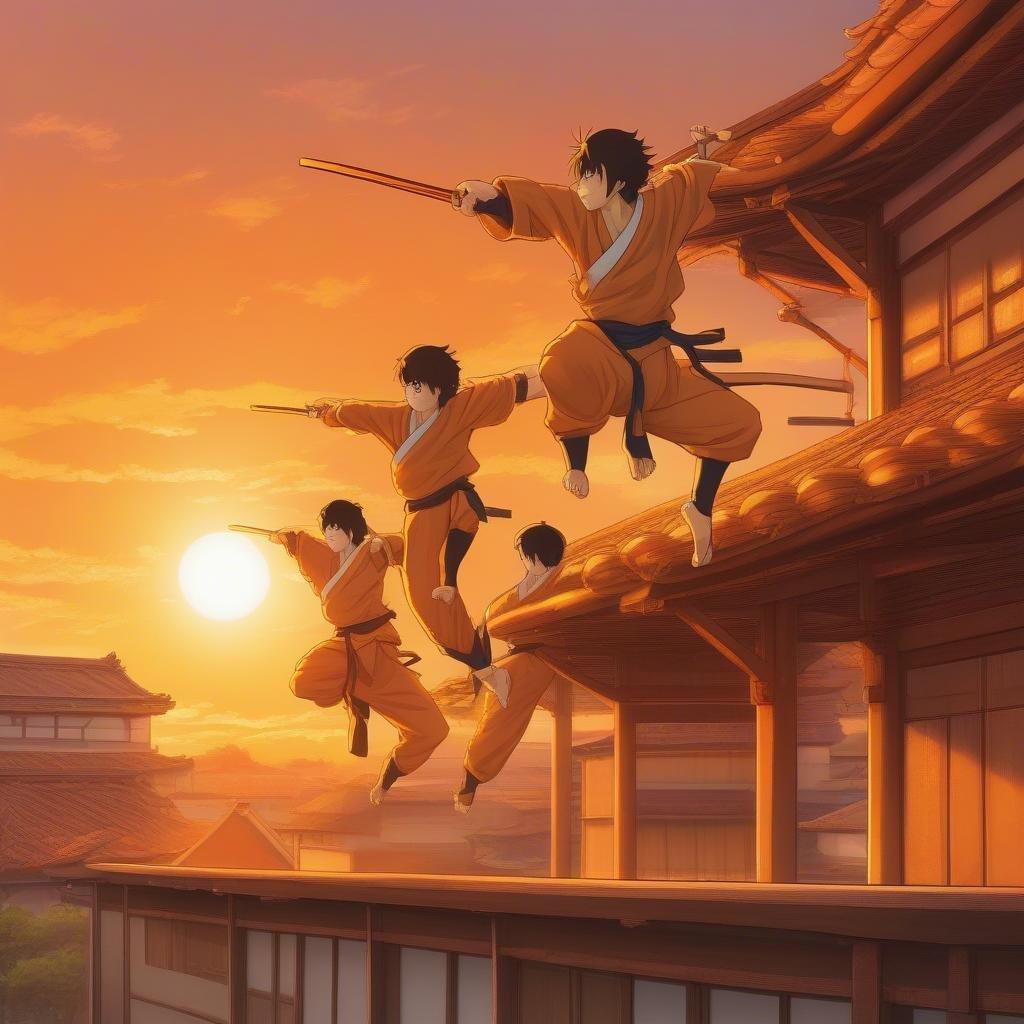 Une illustration de style anime représentant un groupe de ninjas pratiquant des acrobaties sur fond de coucher de soleil, avec des teintes chaudes d'orange et de jaune qui ajoutent à la sensation dynamique.