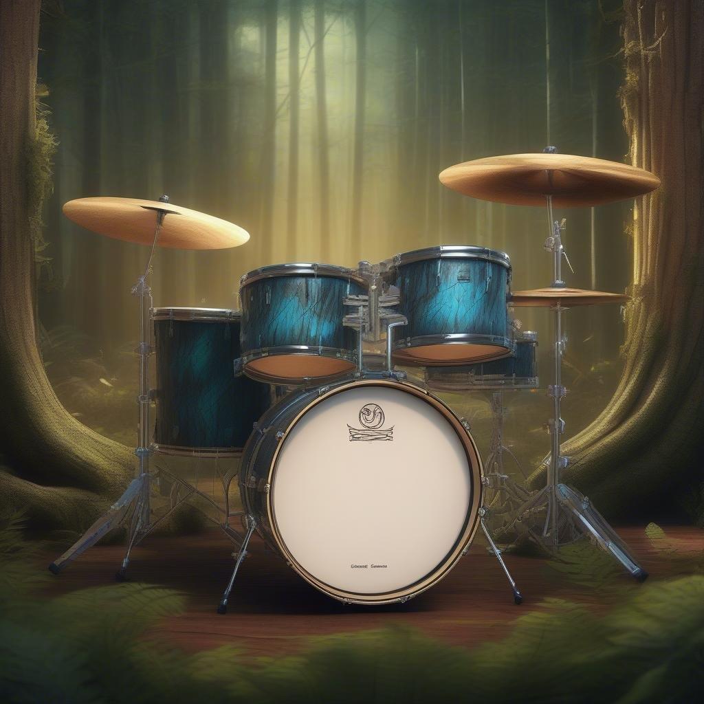 Este fondo de pantalla captura el espíritu de la música rock con su vibrante batería, ambientada en un fondo de bosque fantástico.