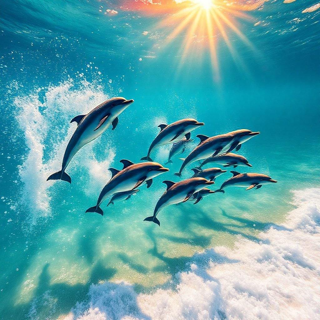 A beautiful and serene image of dolphins swimming in the ocean, perfect for your desktop or mobile wallpaper.