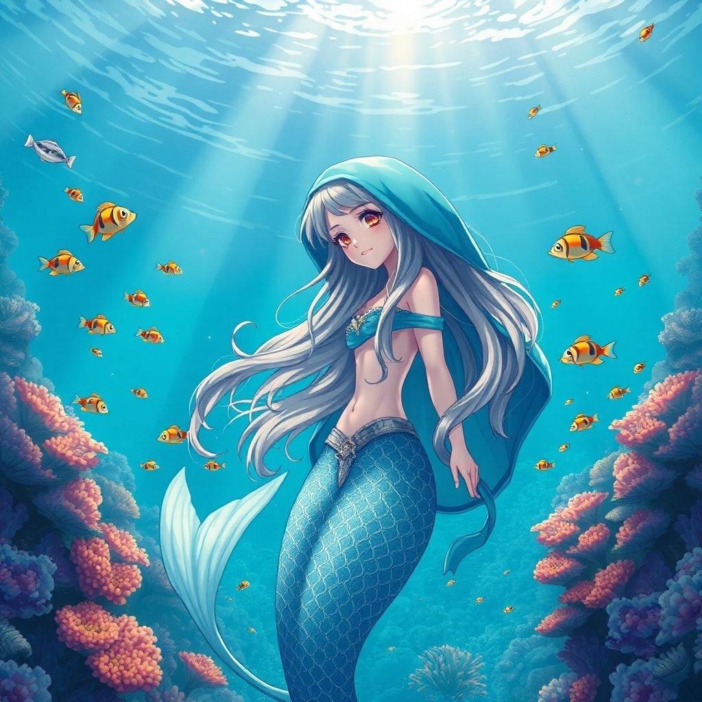 This stunning wallpaper features a beautiful mermaid princess with flowing hair and a mysterious blue-hued cloak, set against the backdrop of an underwater kingdom. The illustration is a masterpiece of digital art, capturing the majesty of the underwater realm with intricate details and a clear blue sky.