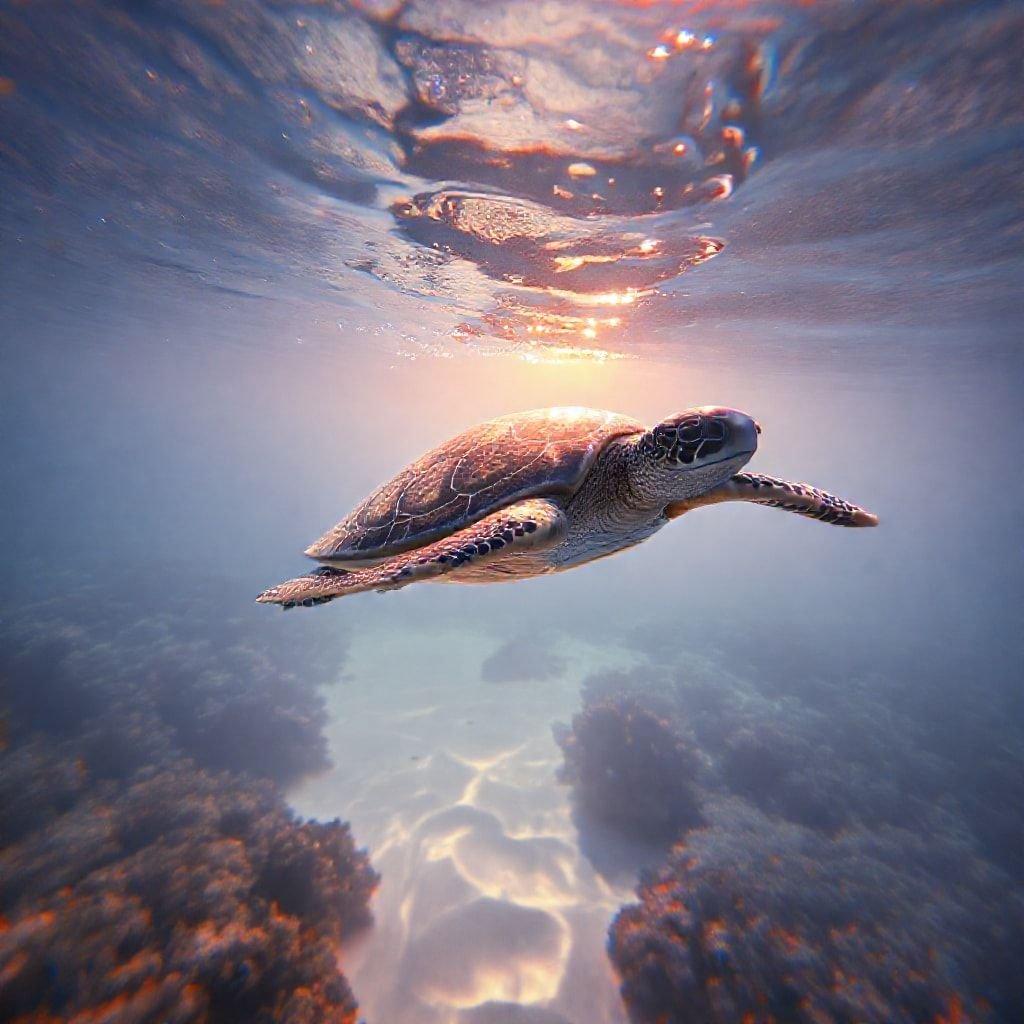 A sea turtle swimming towards the sunlit ocean surface, set against the vibrant coral reef.