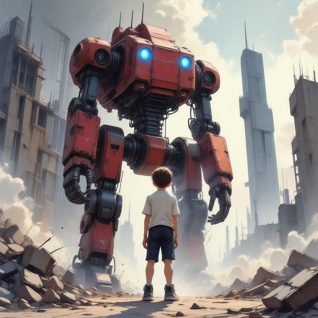 A young boy faces off against a formidable robot in a post-apocalyptic world, where the remnants of civilization are scattered amidst the ruins.