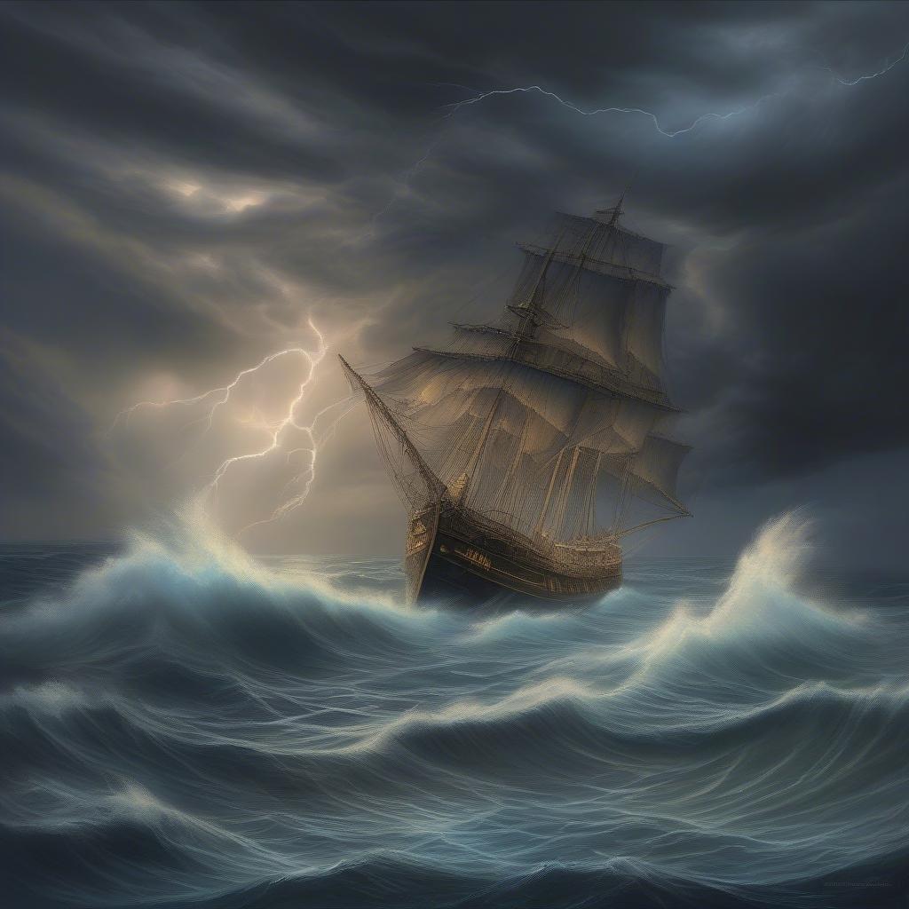 A dramatic depiction of a ship navigating through turbulent seas during a storm, capturing the essence of seasonal weather patterns.