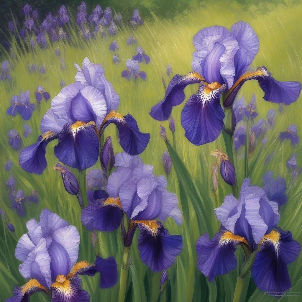 This stunning wallpaper features purple irises in a field of grass, creating a beautiful and serene atmosphere.