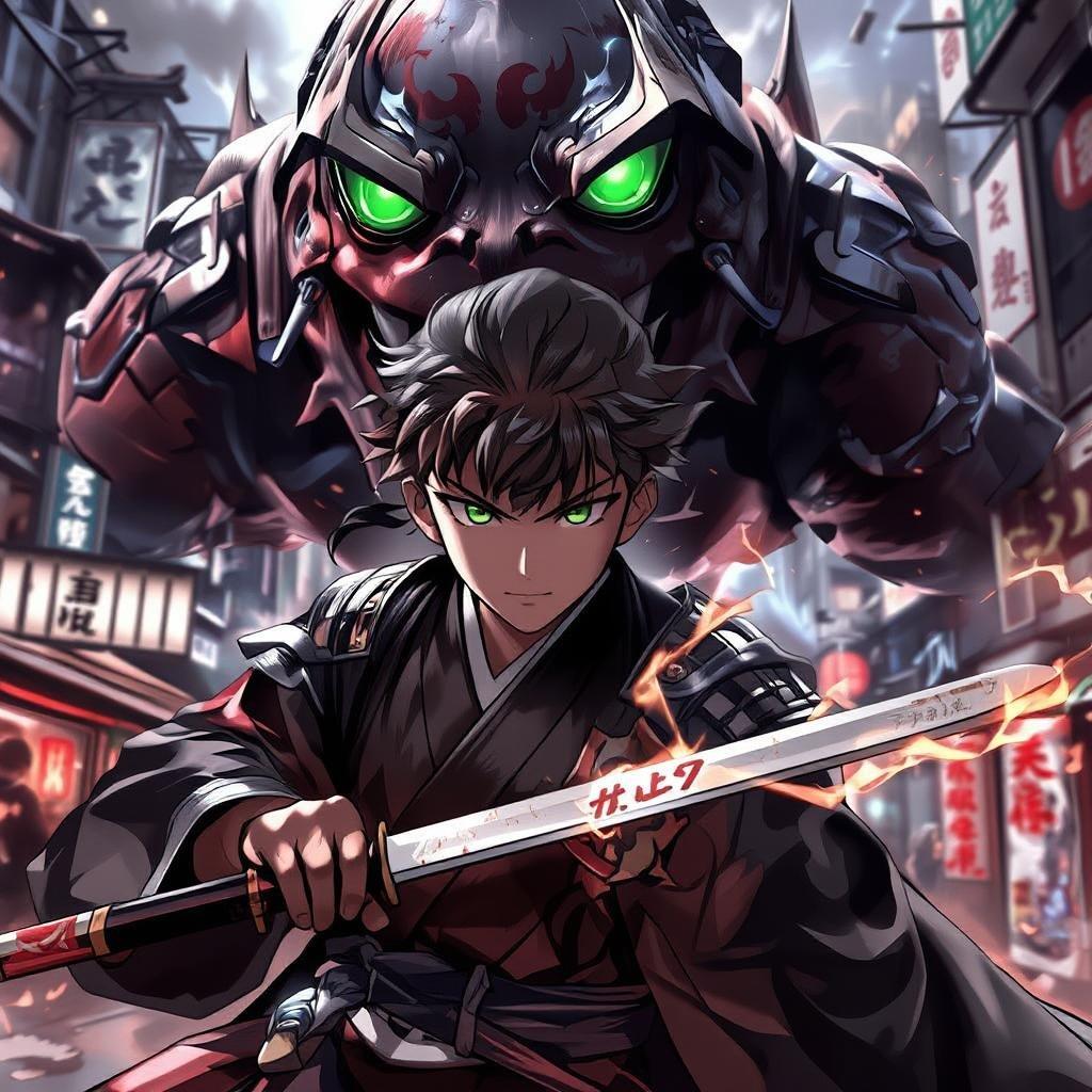 Get ready for an epic battle between a young samurai and a giant kaiju in this stunning anime wallpaper.