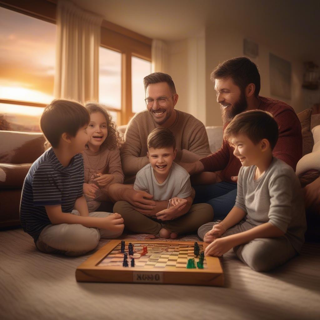 A heartwarming scene celebrating Father's Day, with a father and his children gathered around a board game on the living room floor, sharing laughter and joy.