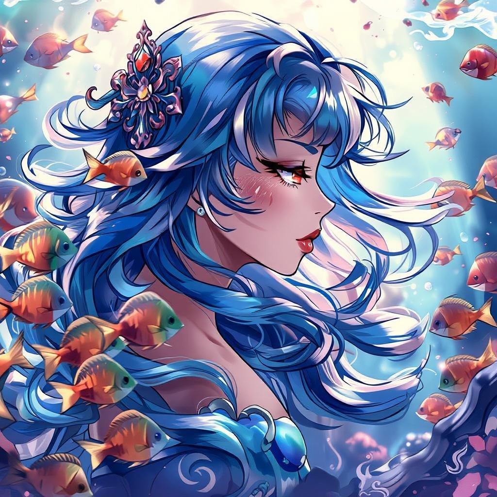 This enchanting anime mermaid wallpaper features a captivating mermaid singing to the right, her hair a stunning blend of blue and green hues. The illustration is surrounded by a school of colorful fish, creating a magical atmosphere that transports you to an underwater realm.