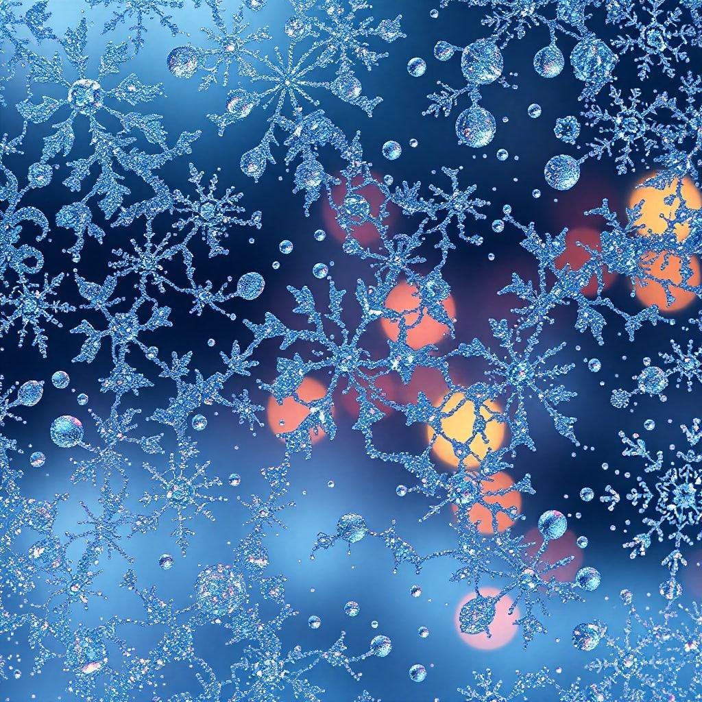 A winter wonderland captured through the window pane, with falling snowflakes creating an ethereal scene. The warm glow of interior lights shining through adds a cozy touch to the cold weather setting.