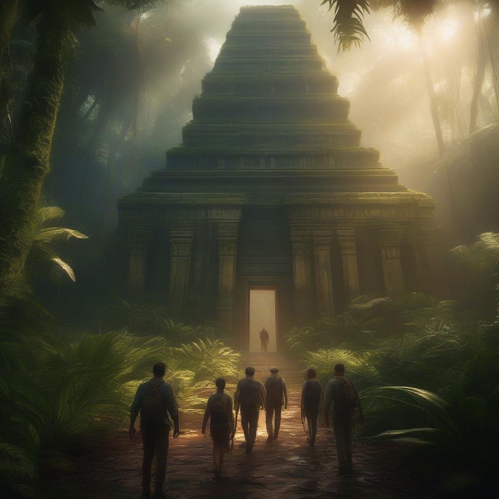 This image is a wallpaper of an ancient temple in the jungle, perfect for desktop and mobile use. The temple is surrounded by lush greenery and misty fog, creating a mysterious and adventurous atmosphere.