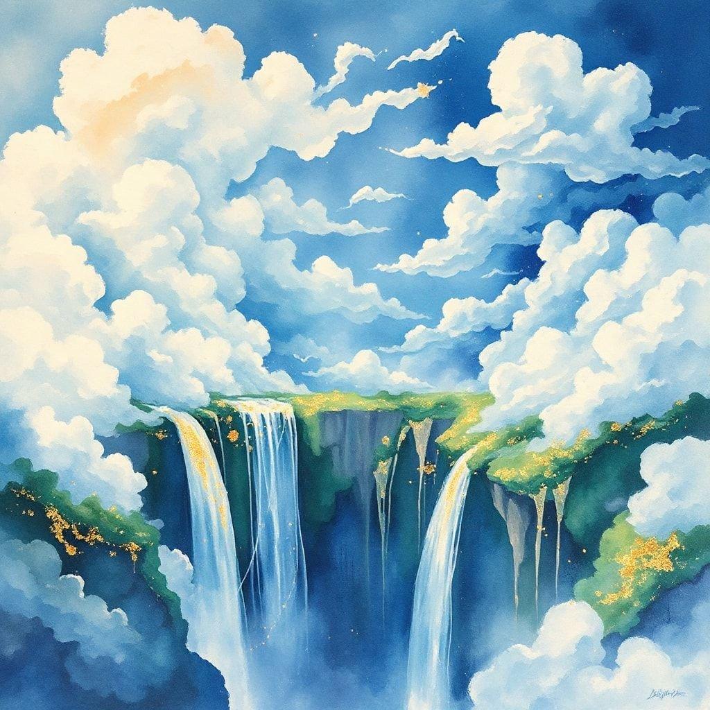 This stunning abstract wallpaper features a breathtaking waterfall in the sky, surrounded by fluffy white clouds and delicate gold flakes. The serene and peaceful atmosphere of this image makes it perfect for desktop and mobile use.