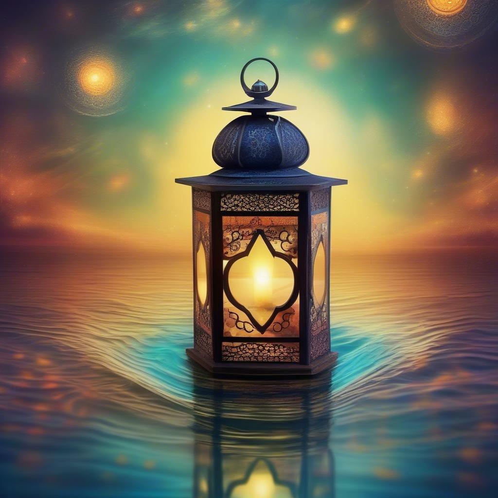 A serene scene captures the tranquility of Ramadan evening with a beautifully lit lantern, reflecting a peaceful full moon on its water surface. A calming digital artwork.